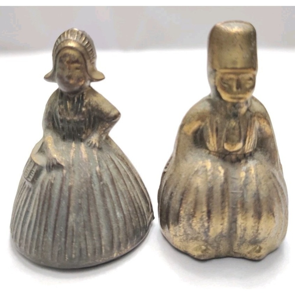 Antique Brass Servant Bell Lady Figure & Purse Man & Tall Hat Miniature Bells